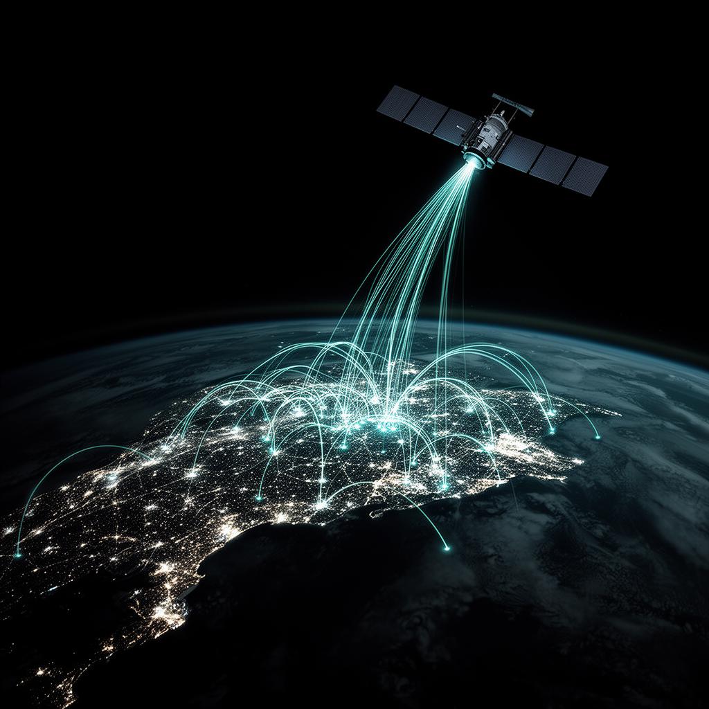 Réseau de données lumineuses reliant la Terre à un satellite vu depuis l'orbite