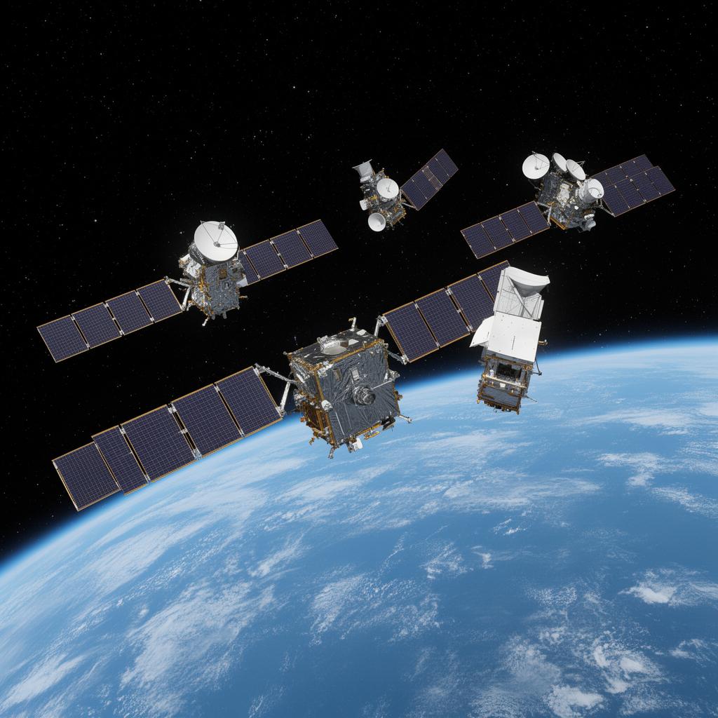 Constellation de satellites surveillant l'environnement orbital autour de la Terre