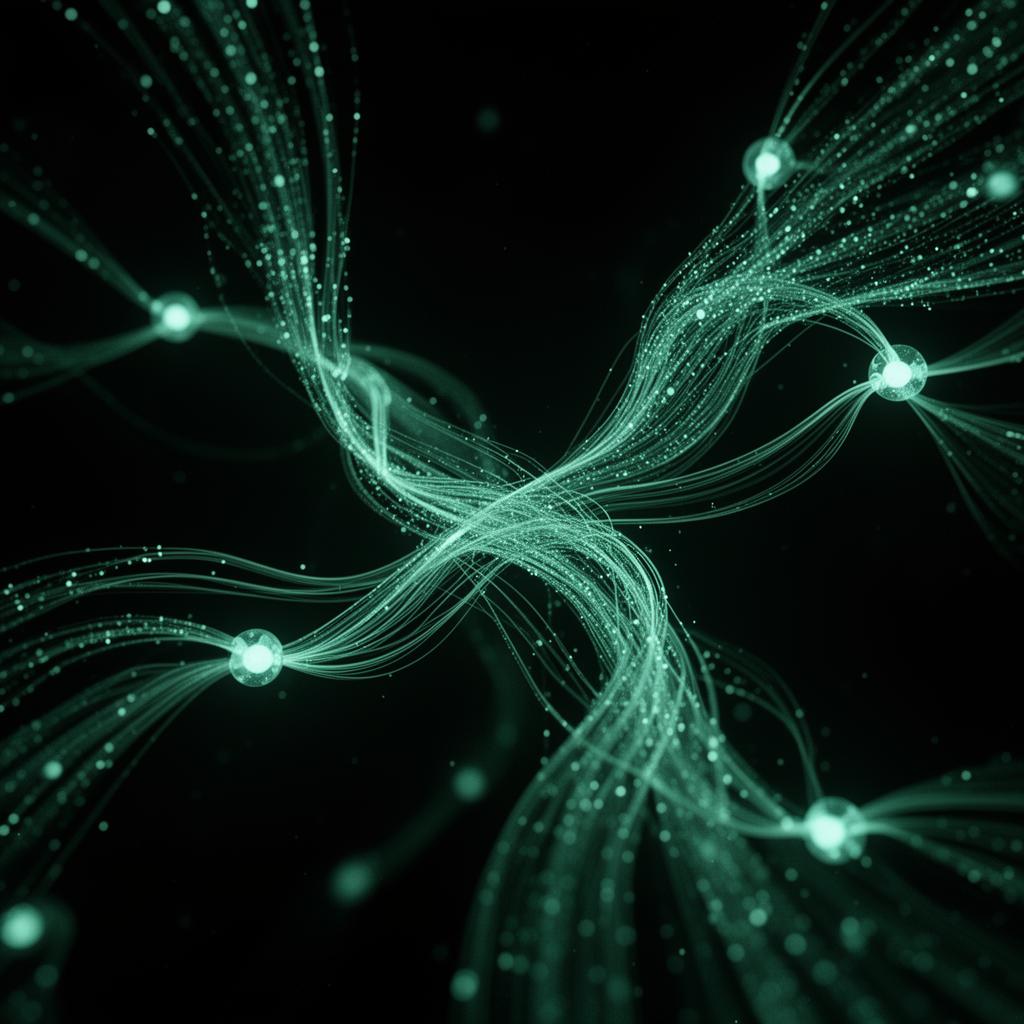 Flux de données et d'intelligence artificielle : filaments lumineux et particules d'information convergeant entre des nœuds dans des tons vert-cyan