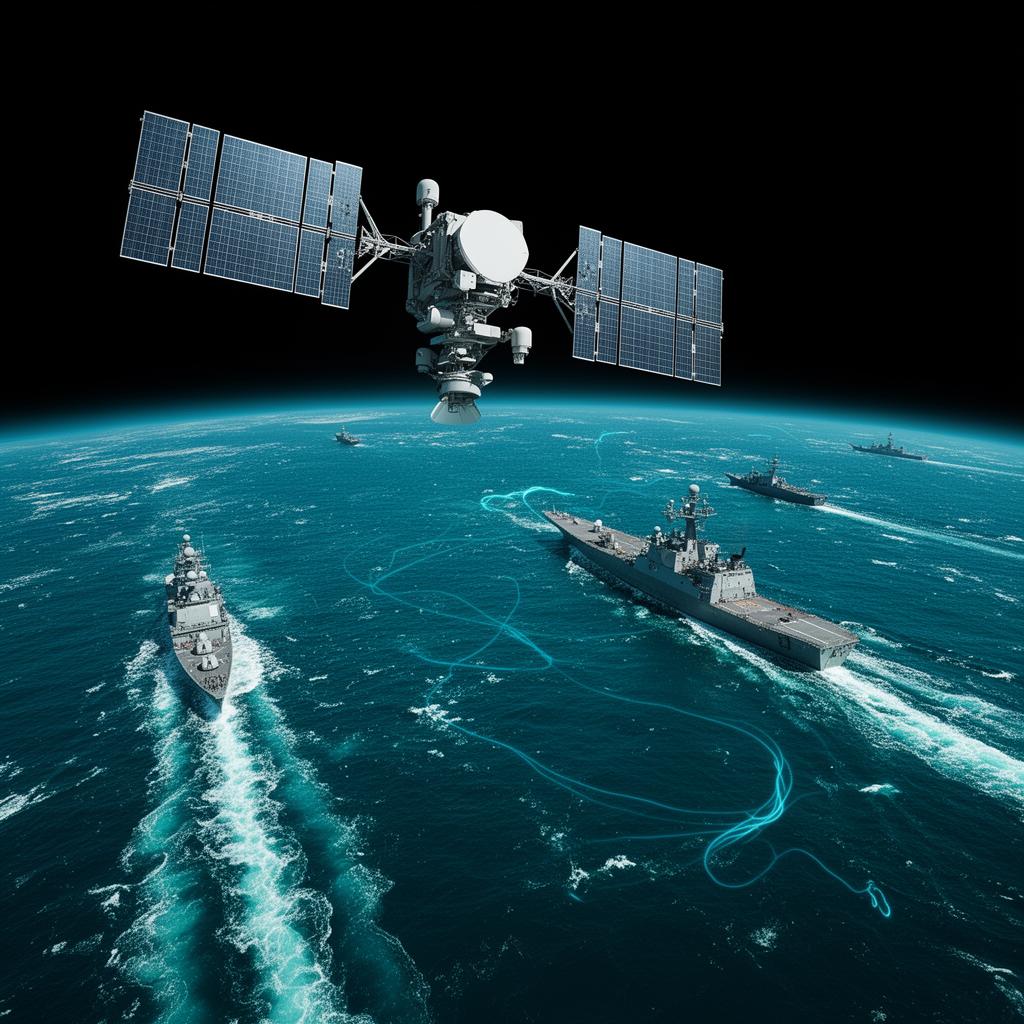Satellite surveillant le trafic naval dans des eaux stratégiques avec analyse IA de la situation