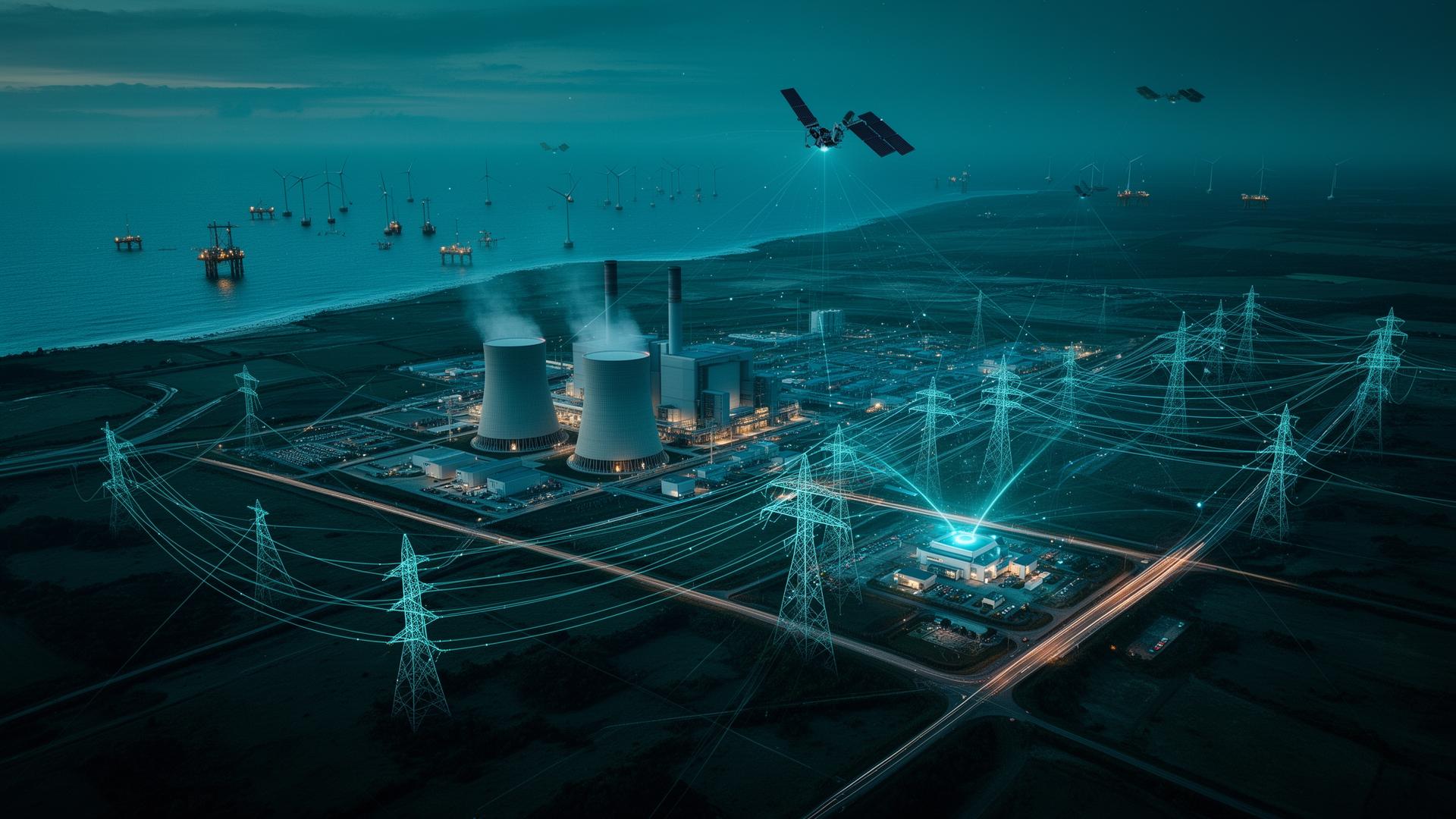 Vue orbitale d'un site nucléaire et de son environnement, lignes haute tension et cours d'eau, reliés à un centre de pilotage par les satellites