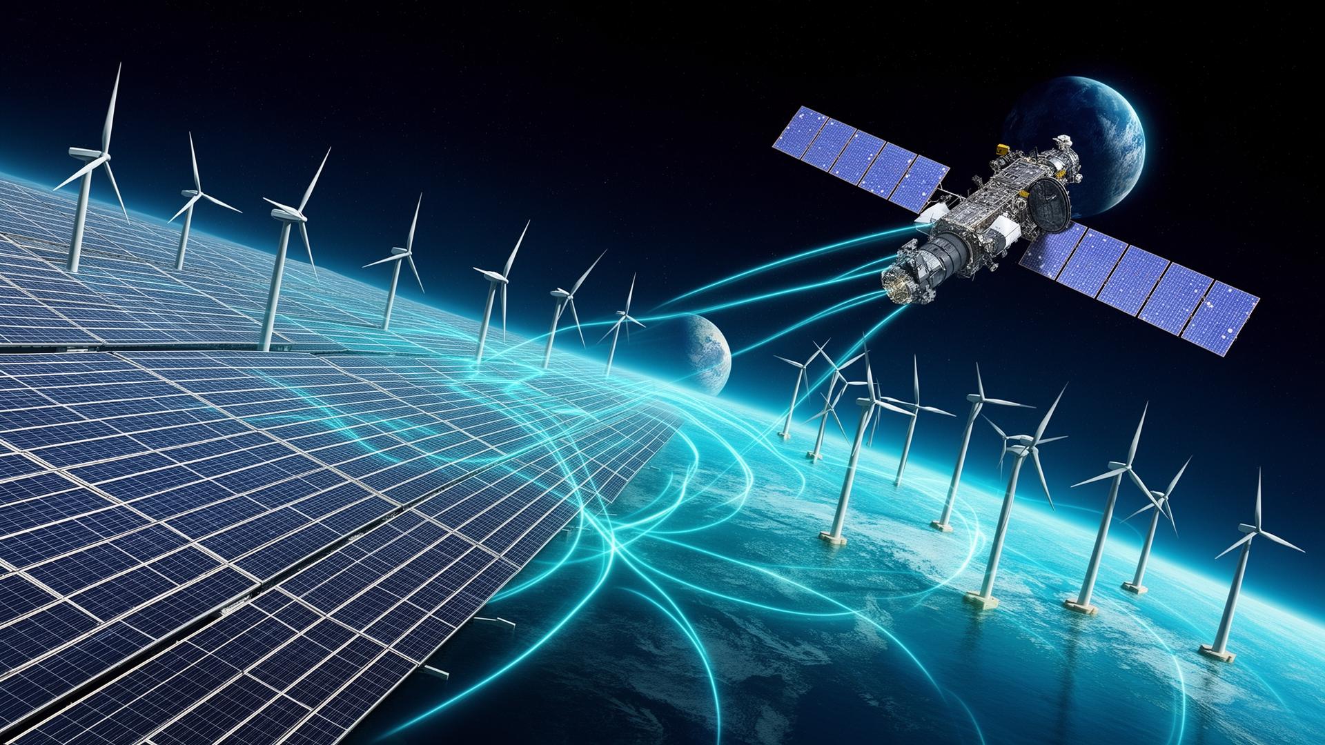 Parcs solaires et éoliens connectés par des flux de données satellitaires, satellite d'observation en orbite autour de la Terre
