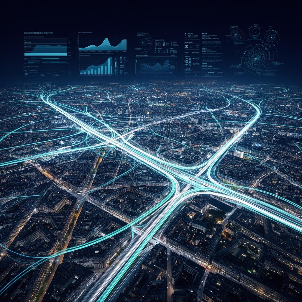 Réseau de mobilité urbaine visualisé depuis l'espace avec flux de circulation lumineux